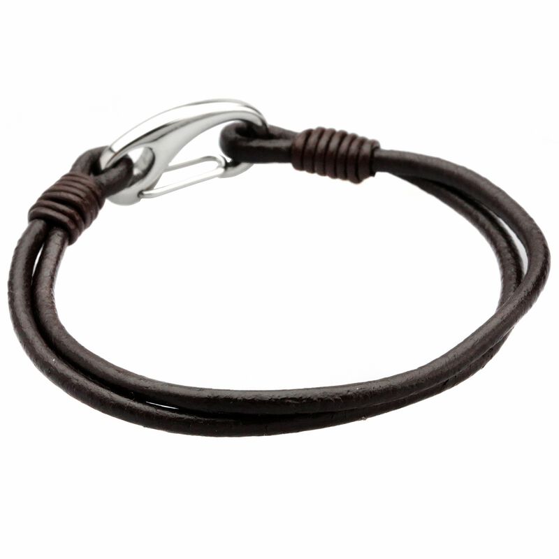Men's Stainless Steel Lobster Clasp Brown Leather Bracelet image number null