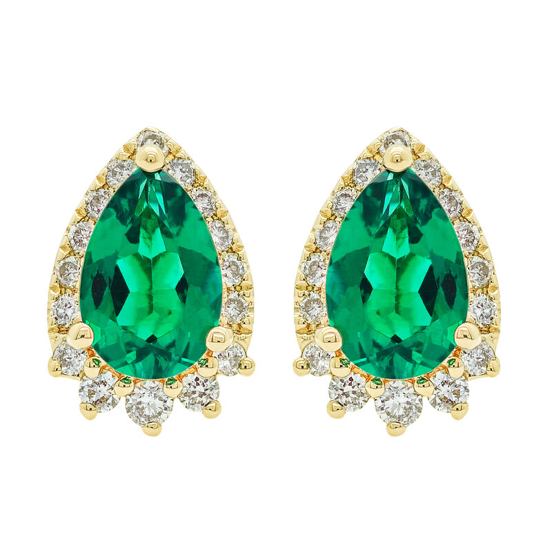 JK Crown Collection Pear-Shaped Created Emerald Diamond Earrings in 10k Yellow Gold image number null