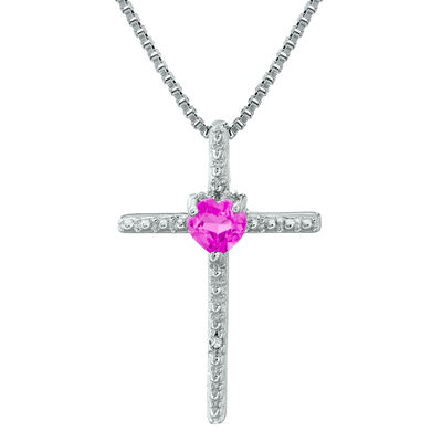 Created Pink Sapphire Heart Cross Pendant in Sterling Silver