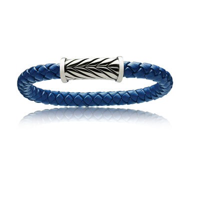 Men's Blue Braided Genuine Leather Wristband With Magnetic Clasp