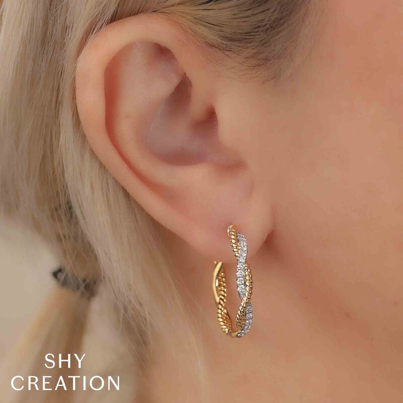 Shy Creation Brilliant-Cut .42ctw. Diamond Fashion Link Twist Hoops in 14k Yellow Gold image number null