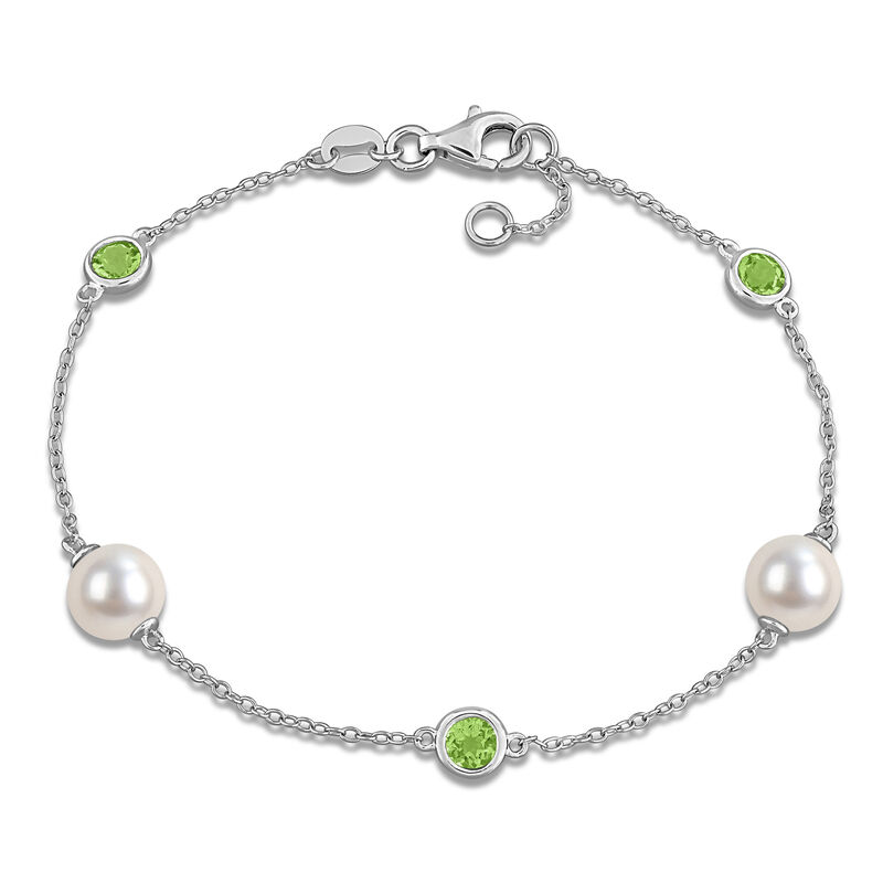 Freshwater Cultured Pearl & Peridot Station Bracelet in Sterling Silver image number null