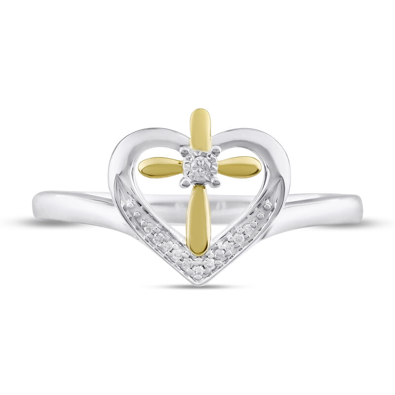 Brilliant-Cut Diamond Heart Cross Ring in Sterling Silver & 10k Yellow Gold image number null