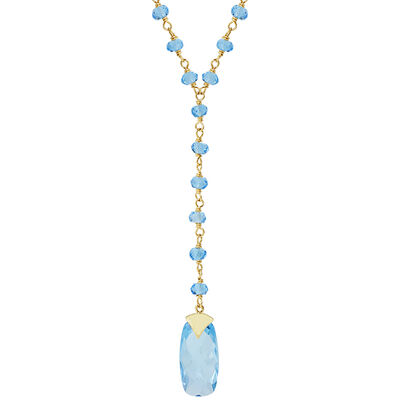 Swiss Blue Topaz Elongated Oval Lariat Fashion Gemstone Necklace in 14k Yellow Gold