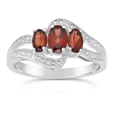 Triple Oval Garnet and White Topaz Ring in Sterling Silver 
