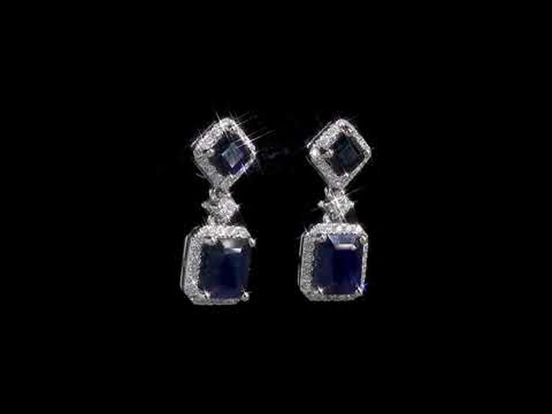 Blue Sapphire & Diamond Dangle Halo Statement Earrings in 14k White Gold image number null