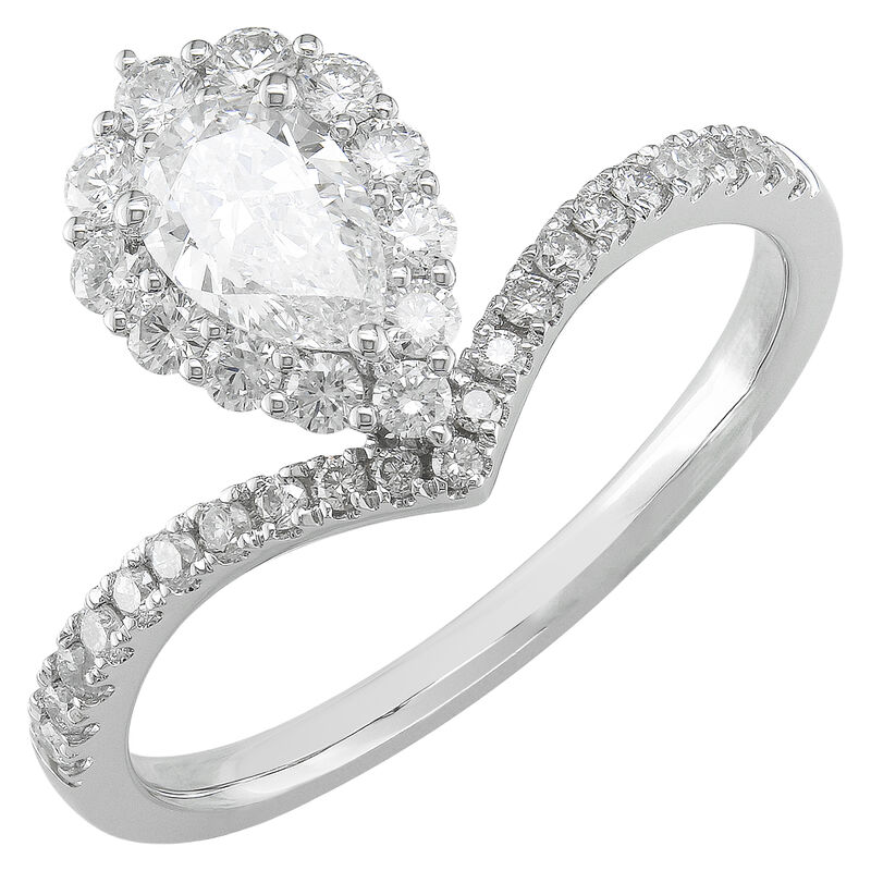 Pear Natural Diamond 3/4ctw. Halo V Shank Engagement Ring in 14k White Gold image number null