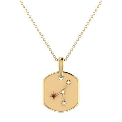 Diamond and Ruby Cancer Constellation Zodiac Tag Necklace in 14k Yellow Gold Plated Sterling Silver