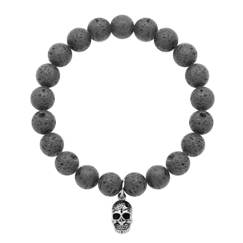 Lava Bead Bracelet with Skull Charm in Stainless Steel image number null