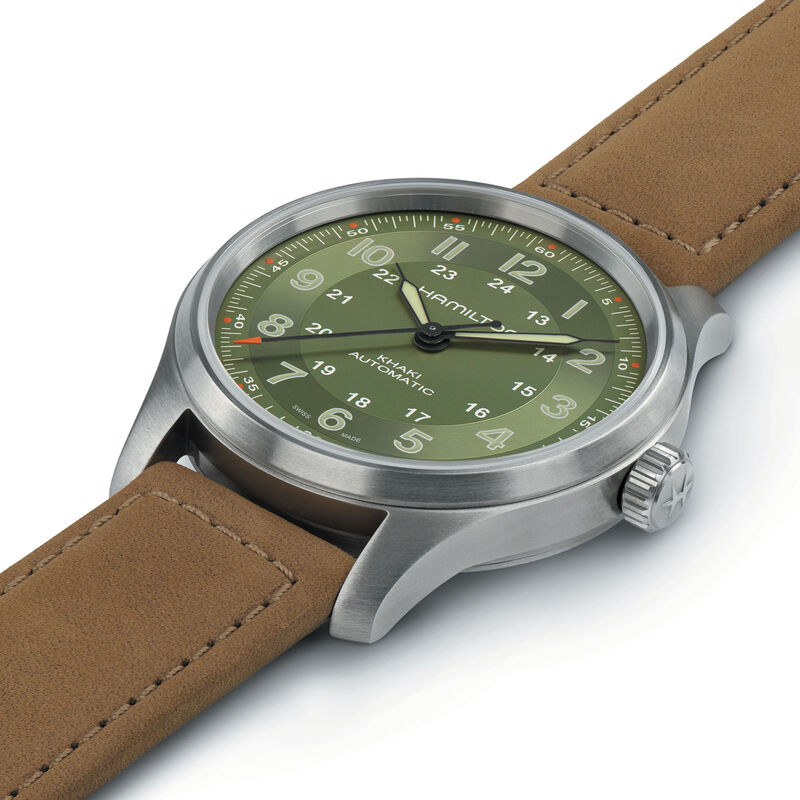 Hamilton Men's Khaki Field Titanium Automatic Green Dial Brown Leather Strap 42mm Watch H70545560 image number null