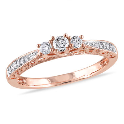Round Cut Diamond 3-Stone Promise Ring 1/4ctw. in 10k Rose Gold 