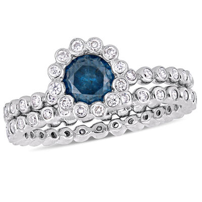 Blue & White Diamond Beaded Halo Bridal Set 1ctw. in 10k White Gold