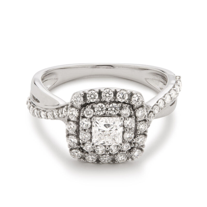 Princess-Cut Lab Grown 1ctw. Diamond Double Halo Twist Engagement Ring in 14k White Gold image number null
