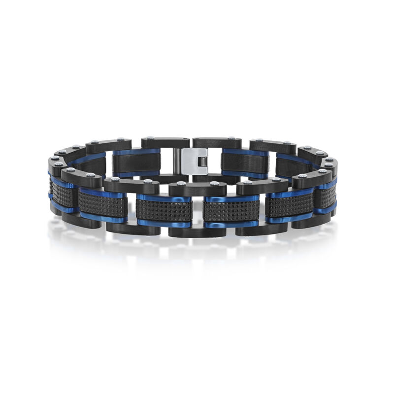 Men's Blue and Black Link Bracelet in Stainless Steel image number null