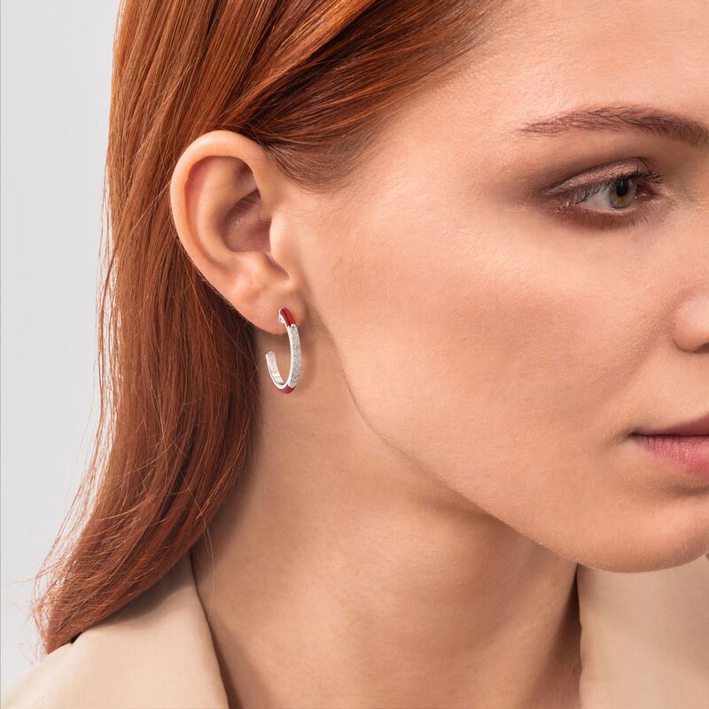 Brilliant-Cut Lab Grown Diamond Red Ceramic Hoop Earrings in Sterling Silver image number null