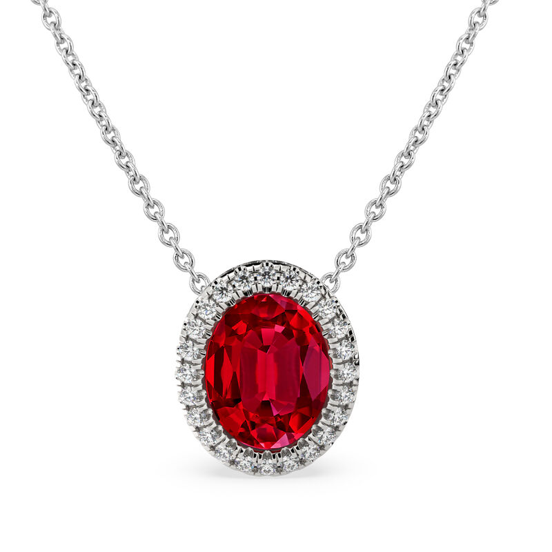 Oval-Cut Created Ruby & Lab Grown Diamond Halo Pendant in 14k White Gold image number null