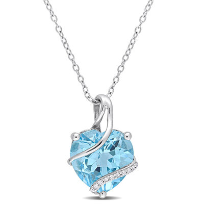 Heart-Shaped Blue Topaz & Diamond Wrapped Pendant in Sterling Silver