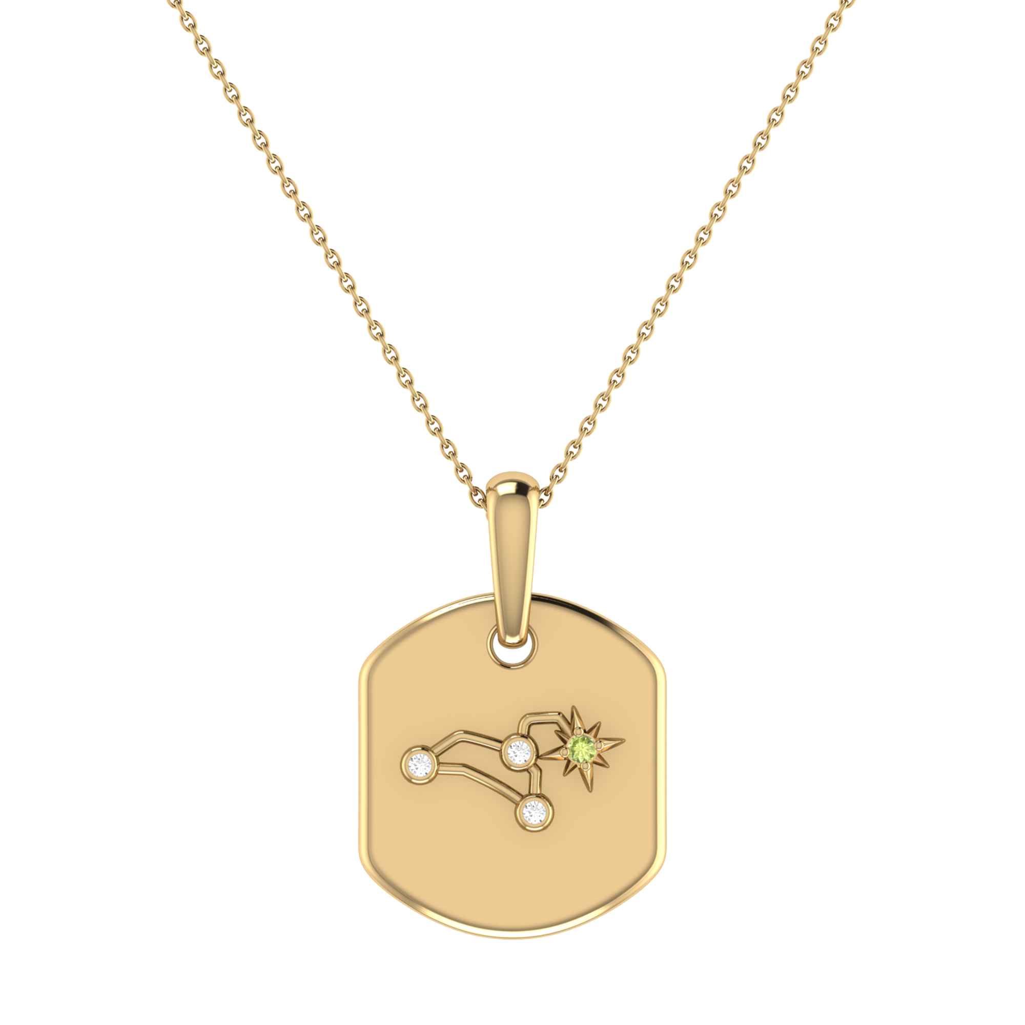 Diamond and Peridot Leo Constellation Zodiac Tag Necklace in 14k Yellow Gold  Plated Sterling Silver
