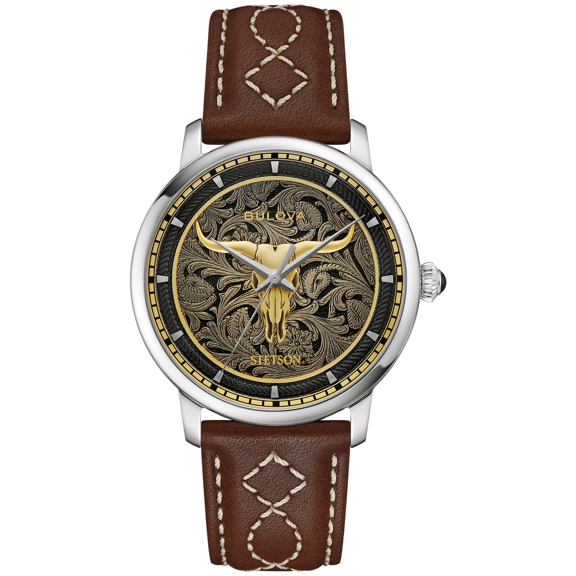 Bulova Stetson Longhorn Automatic Brown Leather Strap Watch 96A334