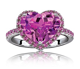 Pink-created Sapphire Halo Heart Ring in Sterling Silver