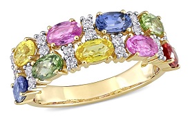 Rainbow Created Sapphire & Diamond Oval Ring in 14k Yellow Gold