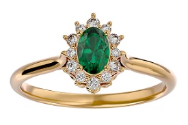 Oval-Cut Emerald and Diamond Halo Ring in 14k Yellow Gold
