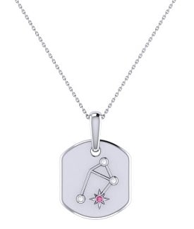 Diamond and Pink Tourmaline Libra Constellation Zodiac Tag Necklace in Sterling Silver