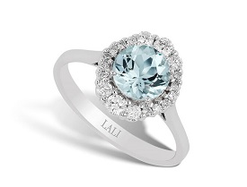 Round-Cut Aquamarine & Diamond Halo Ring in 14k White Gold