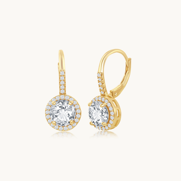 Cubic Zirconia Halo Drop Earrings in Gold Plated Sterling Silver
