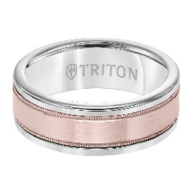 Triton Men's 8mm White Tungsten Carbide and 14k Rose Gold Satin Finish Center Wedding Band