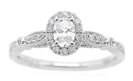 Avery. Oval 5/8ctw. Diamond Vintage-Inspired Halo Engagement Ring in 14k White Gold