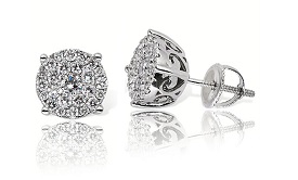 Diamond Round Cluster Stud 1ctw Earrings in 14k White Gold