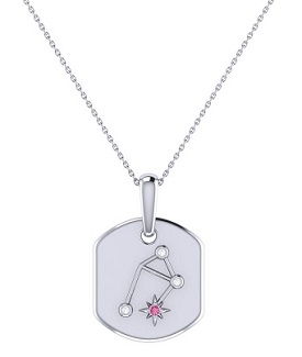 Diamond and Pink Tourmaline Libra Constellation Zodiac Tag Necklace in Sterling Silver