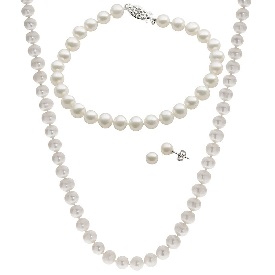 Freshwater Pearl Necklace, Earrings & Bracelet 3-Piece Jewelry Set with Sterling Silver Clasps