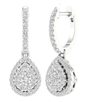 JK Crown. Lab Grown 1ctw. Diamond Cluster Pear Dangle Earrings in 14k White Gold