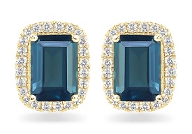 JK Crown London Blue Topaz & Diamond Stud Earrings in 10k Yellow Gold
