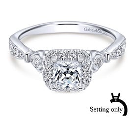 Gabriel & Co. Vintage 14k White Gold Princess Cut Halo Semi-Mount 