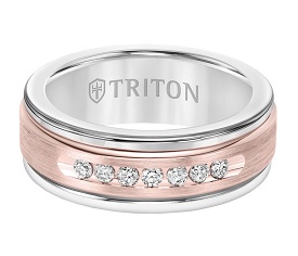 Triton Men's 8mm White Tungsten Carbide and Diamond Wedding Band with 14k Rose Gold Center