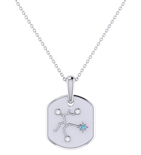 Diamond and Blue Topaz Sagittarius Constellation Zodiac Tag Necklace in Sterling Silver