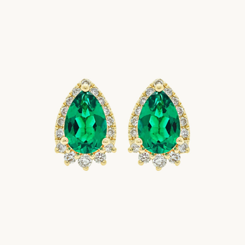 JK Crown Collection Pear-Shaped Created Emerald Diamond Earrings in 10k Yellow Gold
