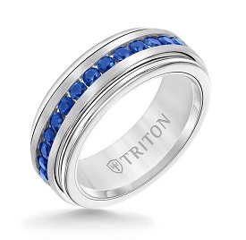 Triton Blue Sapphire Stone Center 8MM Silver Satin Finish Wedding Band