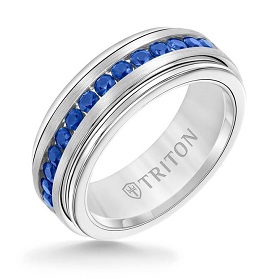 Triton Blue Sapphire Stone Center 8MM Silver Satin Finish Wedding Band