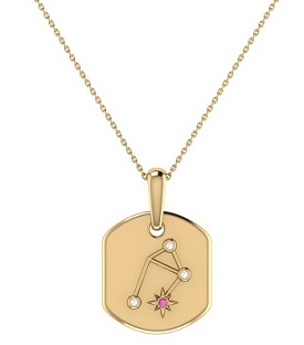Diamond and Pink Tourmaline Libra ConstellationTag Necklace in 14k Yellow Gold Plated Sterling Silver