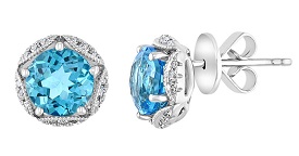 Maddie. Blue Topaz and Diamond Antique Stud Earrings in 14k White Gold