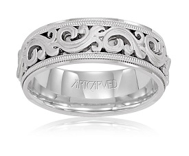 ArtCarved Men's Scroll Design 14K White Gold Wedding Band